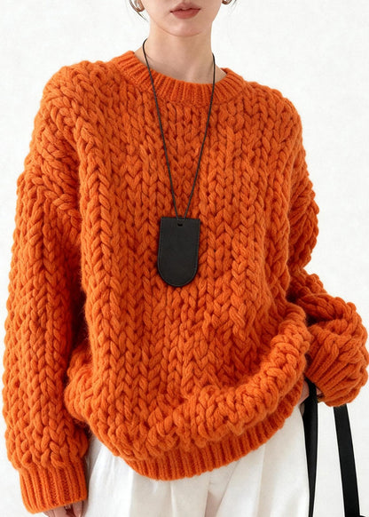 Orange Oversized Cable Knit Sweater Tops Winter