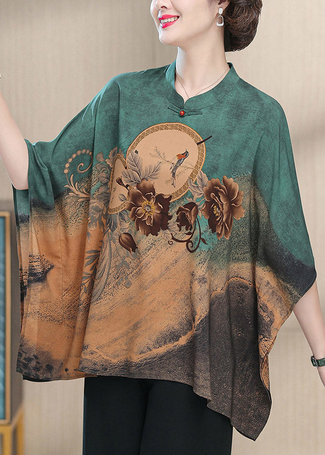 Green O-neck Print Button Silk Top Half Sleeve