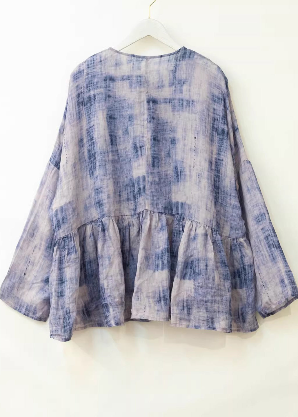 Blue O Neck Tie Dye Patchwork Cotton Top Spring