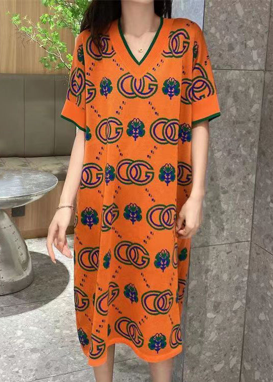 Rose V Neck Print Knit Dress Short Sleeve