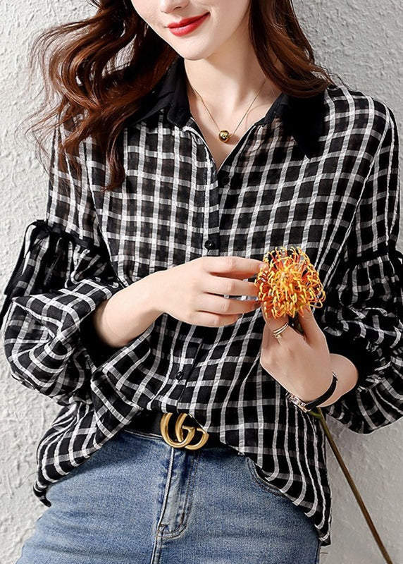 Black Plaid Patchwork Button Shirt Long Sleeve