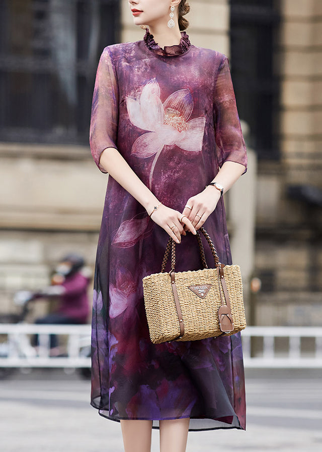 Purple Ruffled Lotus Print Patchwork Silk Dress Summer