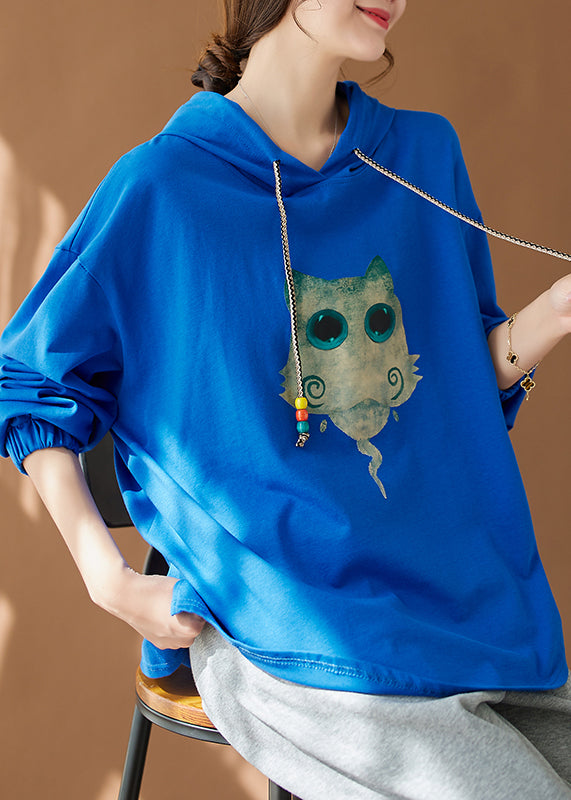 Blue Print Cozy Cotton Loose Sweatshirt Hooded Fall