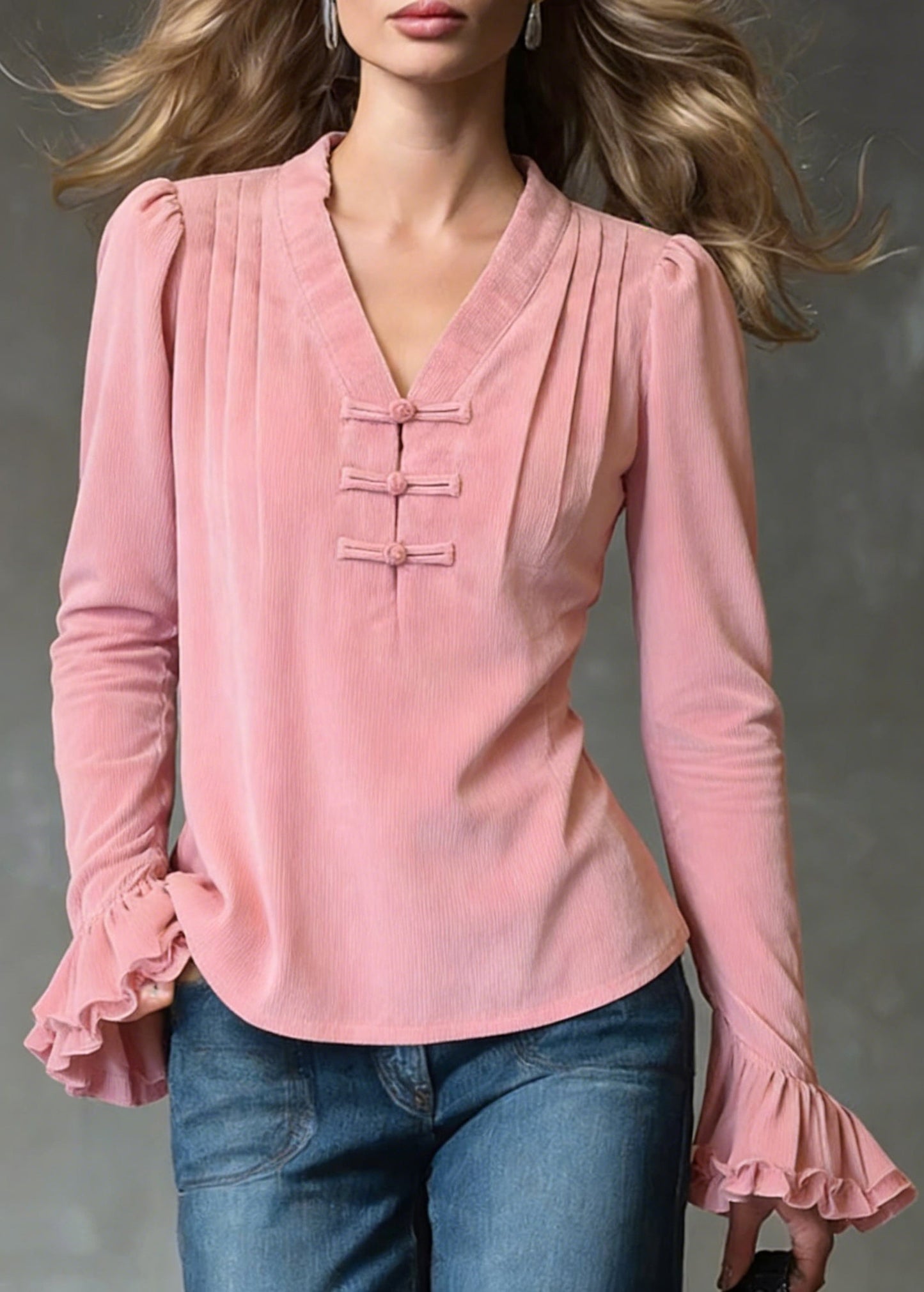 Loose Pink V Neck Ruffled Corduroy Shirts Flare Sleeve Spring