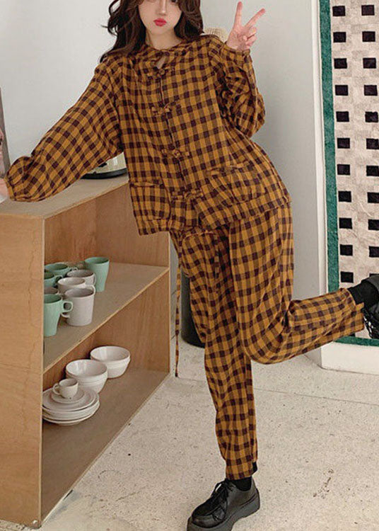 Handmade Khaki O-neck Button Plaid Warm Fleece Two Piece Outfit Spring