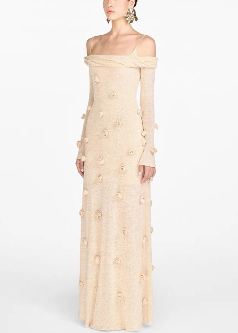 Novelty Beige Slash Neck Knit Maxi Dresses Fall