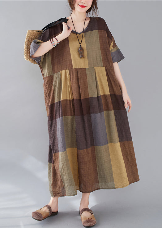 Plaid V Neck Patchwork Linen Long Dresses Summer