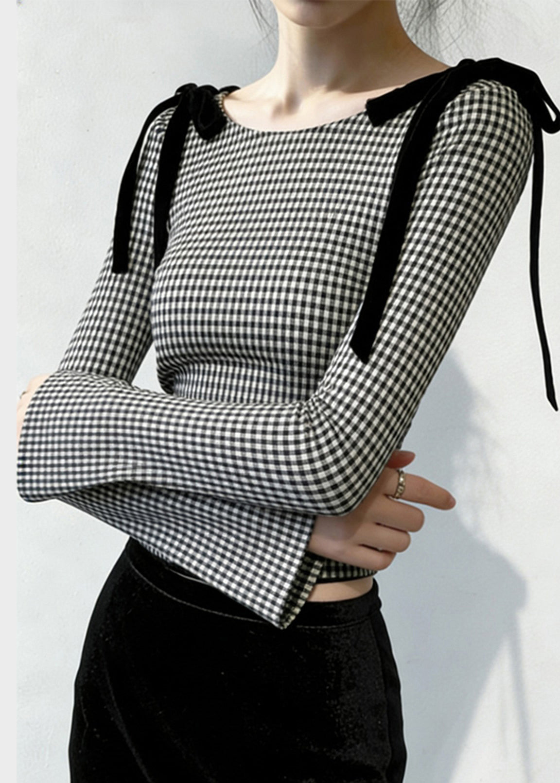 French Grey Plaid Bow Silm Fit Blouses Flare Sleeve