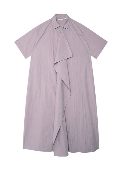 Loose Purple Peter Pan Collar Lace Up Cotton Long Dresses Summer