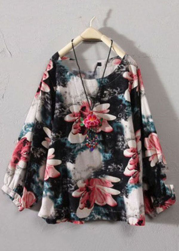 Red O-neck Print Cotton Top Long Sleeve