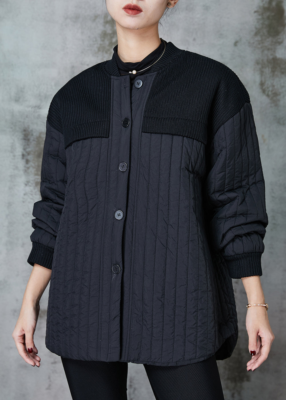 Black Stand Collar Patchwork Fine Cotton Filled Jackets Spring
