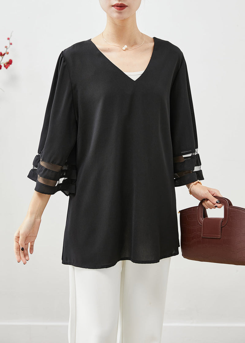 Black V Neck Oversized Chiffon Tops Flare Sleeve