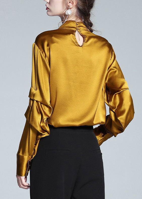 Yellow Stand Collar Silk Top Lantern Sleeve