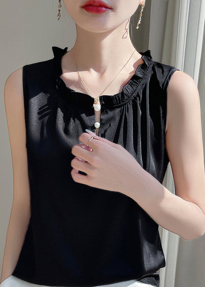 Black Button Silk Sleeveless Blouse Ruffled