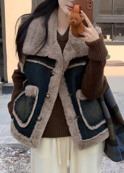 Denim Blue Button Pockets Warm Fleece Waistcoat Sleeveless