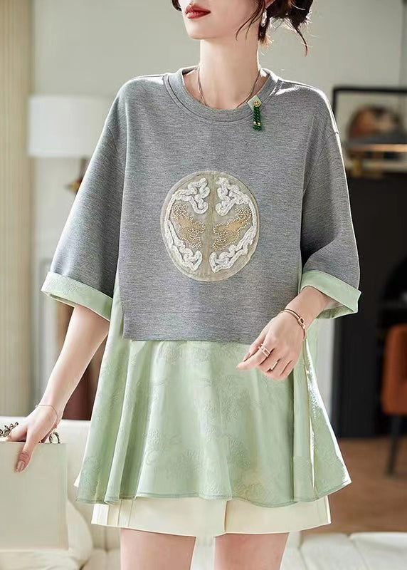 Green False Two Pieces Print Patchwork Cotton Top Summer