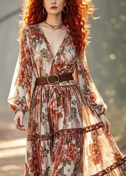 Brick Red Cinched Print Cotton Holiday Dress Spring