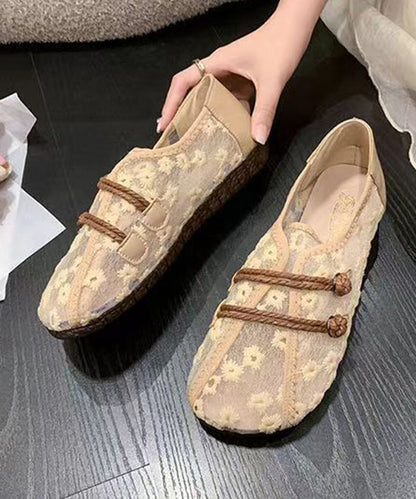 Breathable Mesh Khaki Flat Shoes Embroidery Splicing Soofairy Shoes-20251