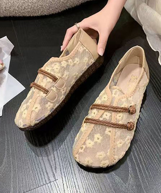 Breathable Mesh Khaki Flat Shoes Embroidery Splicing Soofairy Shoes-20251