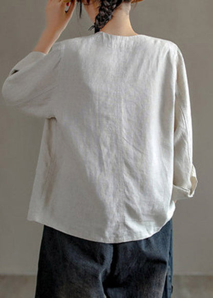 Chocolate V Neck Patchwork Button Linen Shirt Long Sleev