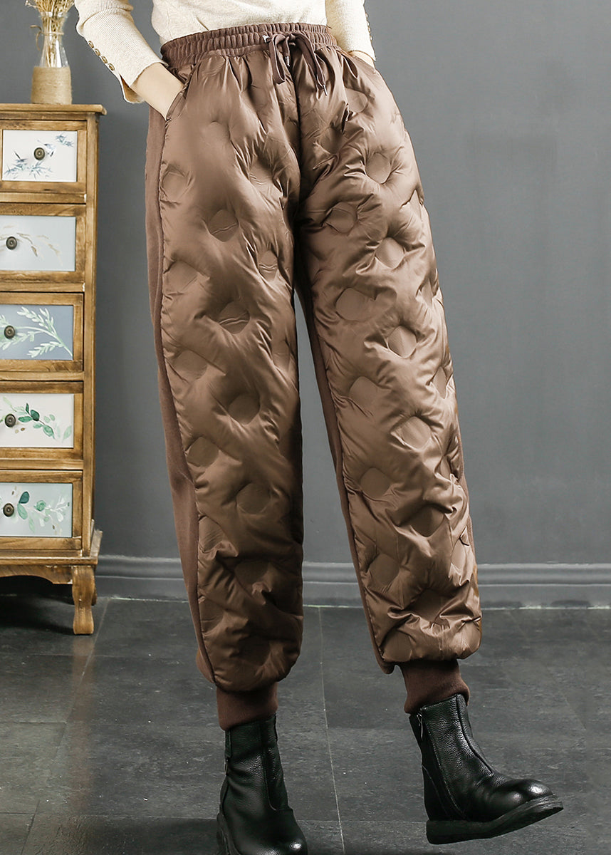 Loose Coffee Pockets Elastic Waist Duck Down Beam Pants Winter