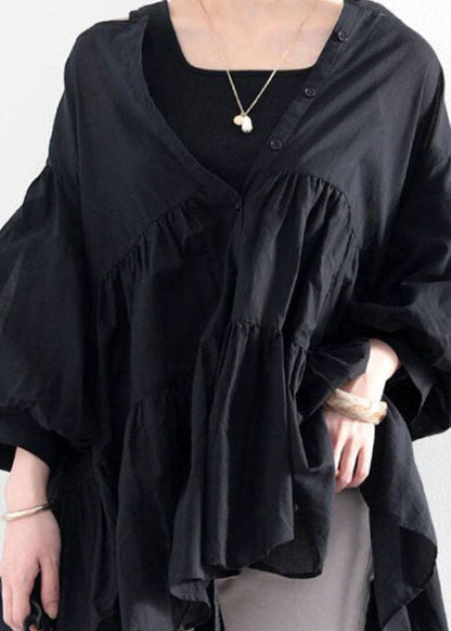 Black O Neck Wrinkled Patchwork Cotton Shirt Top Lantern Sleeve
