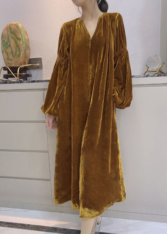 Yellow Puff Sleeve Pockets Velour Dress Spring