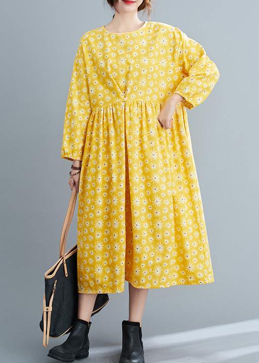 Loose Yellow O Neck Cinched Art Spring Dresses