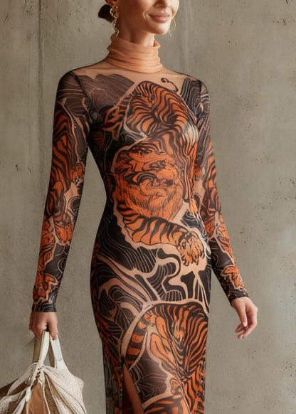 Tiger Print Side Open Tulle Long Dresses Spring