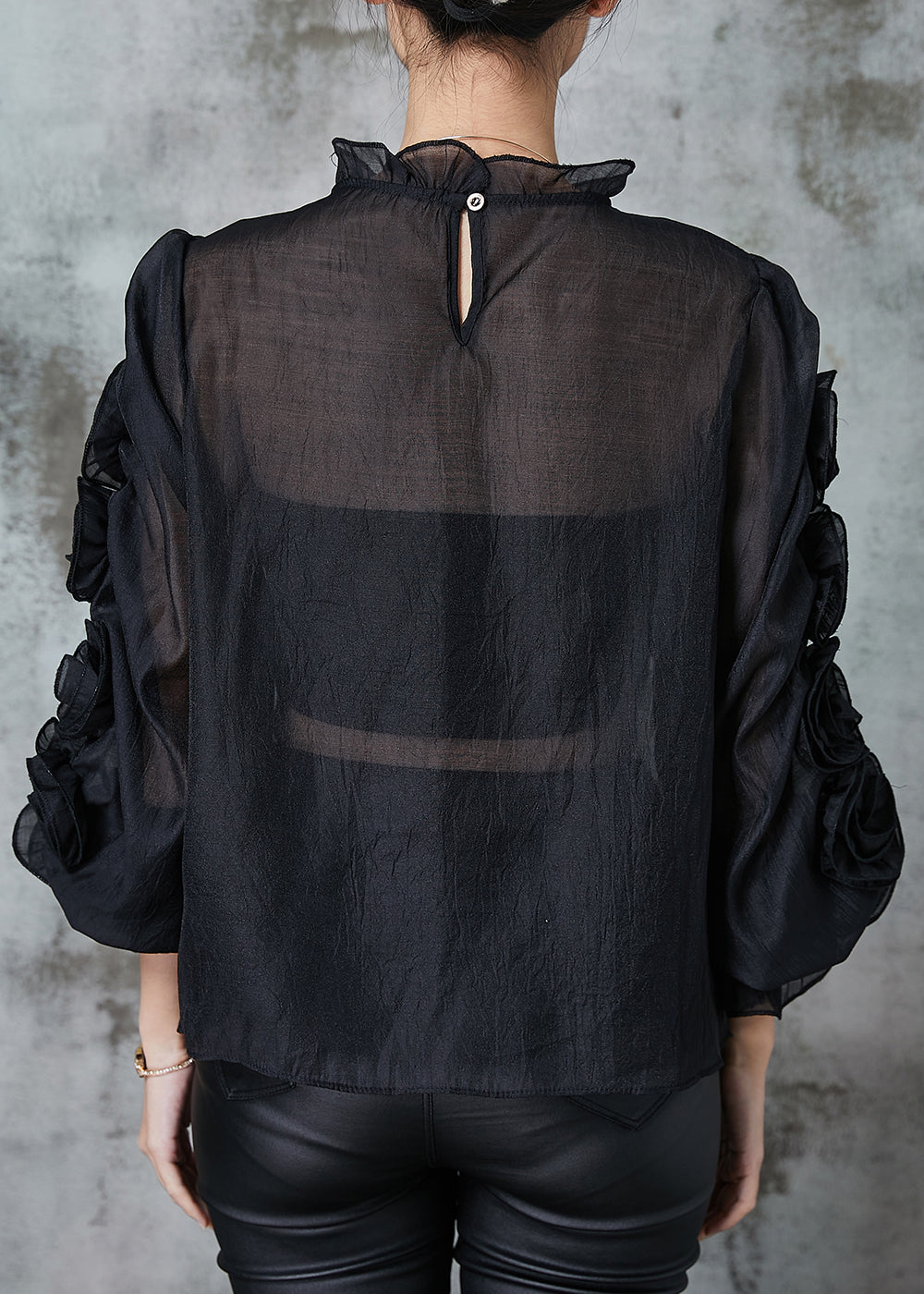 Art Black Ruffled Chiffon Shirt Spring