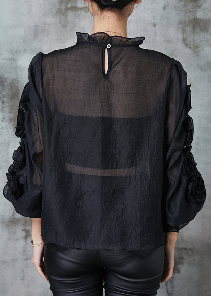 Art Black Ruffled Chiffon Shirt Spring
