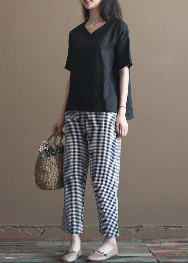 French Black V Neck Side Open Linen Tank Tops Half Sleeve
