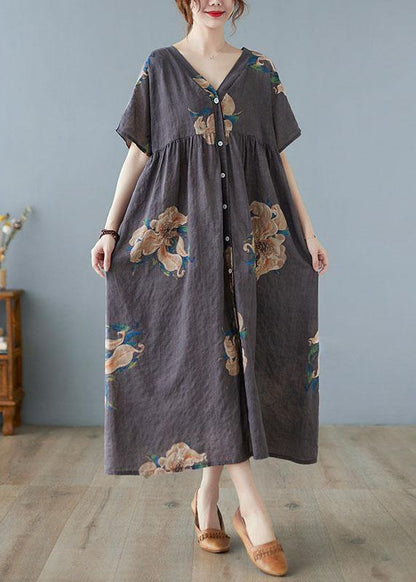 Green Bamboo Retro Button Summer Print Half Sleeve Maxi Dress