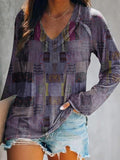 Women's Retro Ethnic Patchwork Art Print Casual V-neck Long Sleeve T-s
