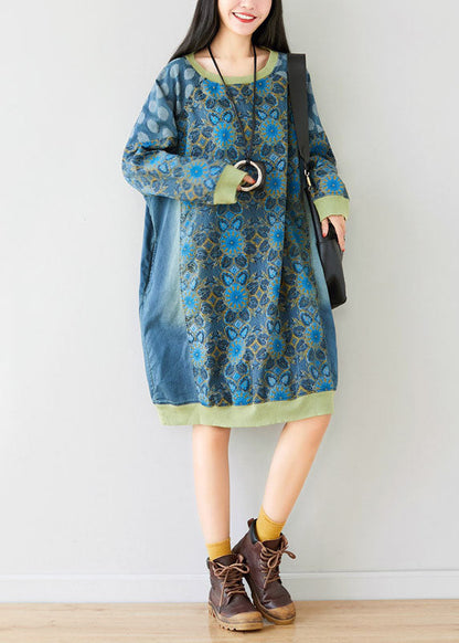 Style Blue O-neck Print Patchwork Dress Spring