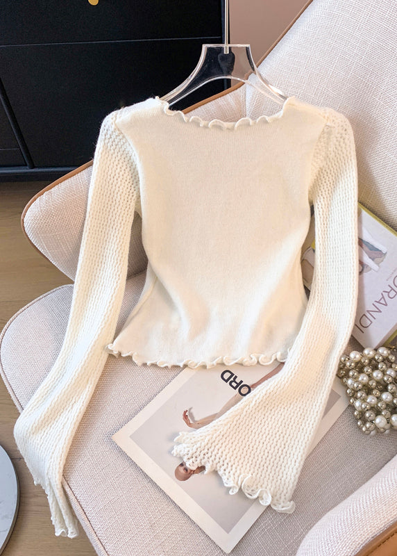 White Butterfly Patchwork Knitted Tops Flare Sleeve Fall