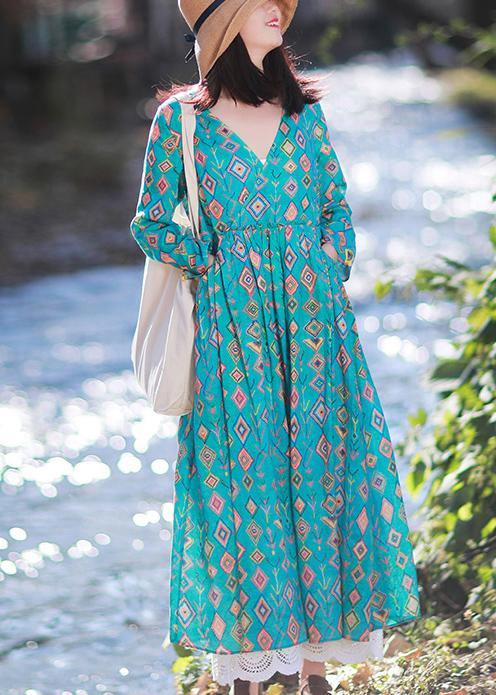 Organic Green Print Dress V-neck Spring Dress