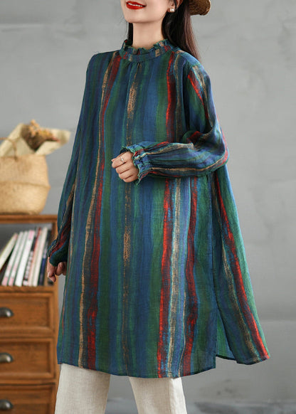 Green Ruffled Striped Button Cotton Shirt Fall