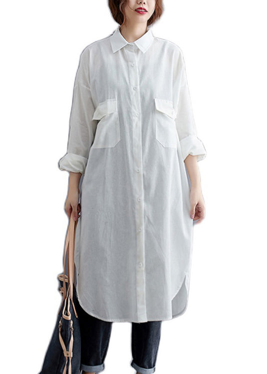White Peter Pan Collar Button Patchwork Cotton Shirts Dress Fall