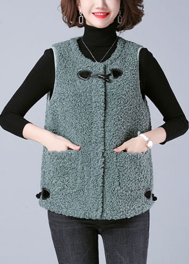 Coffee O-neck Drawstring Button Faux Fur Waistcoat Fall