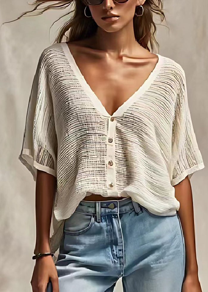 White V Neck Oversized Cotton Blend Tanks Summer