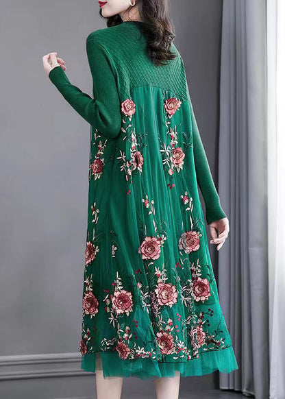 Natural Green Embroideried Patchwork Knit Long Dress Spring