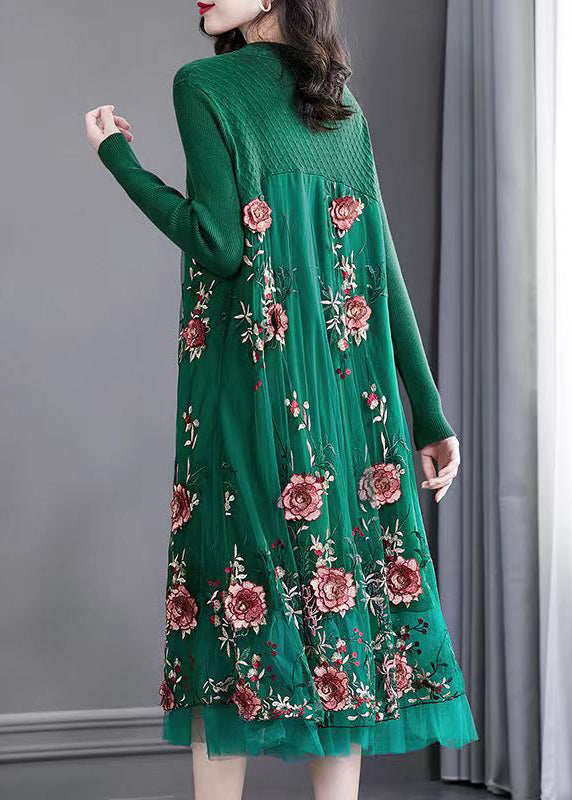 Natural Green Embroideried Patchwork Knit Long Dress Spring