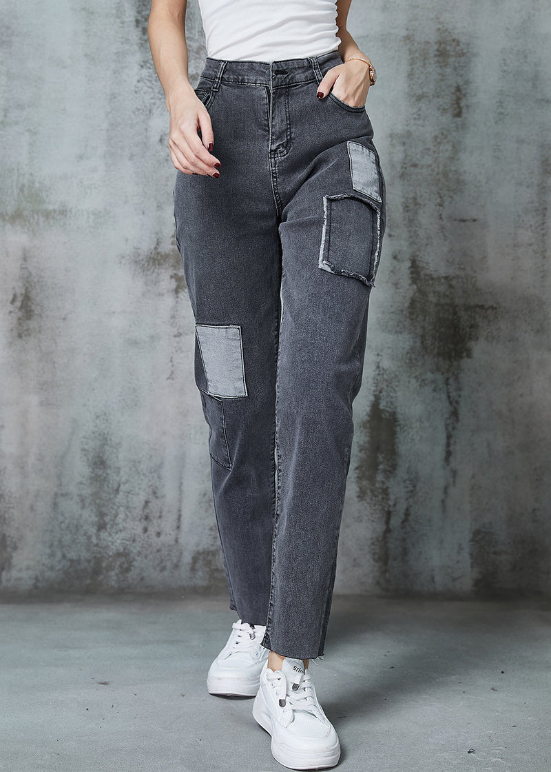 Grey Silm Fit Patchwork Applique Denim Pants Spring