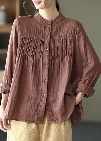 Fitted Chocolate Patchwork Wrinkled Tops Fall Shirt