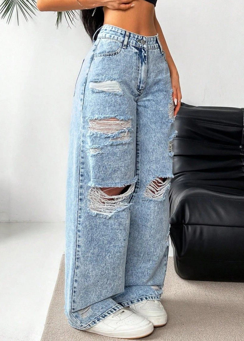 Blue Pockets Patchwork Ripped Wide Leg Jeans
