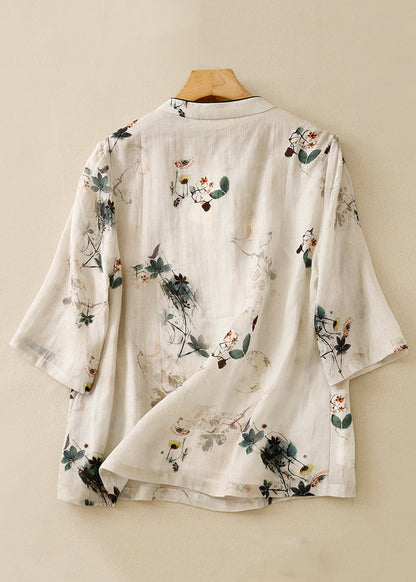 Beige Stand Collar Print Linen Tops Summer