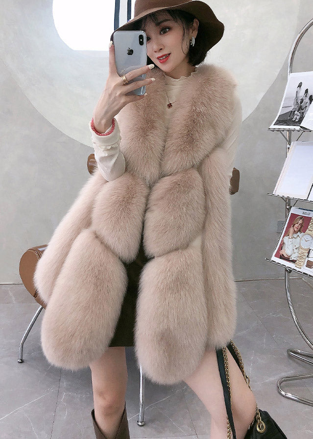 Apricot Fox Collar Patchwork Leather and Fur Waistcoat Winter