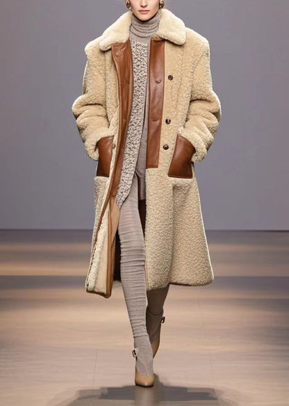 Beige Peter Pan Collar Patchwork Warm Fleece Coats Winter
