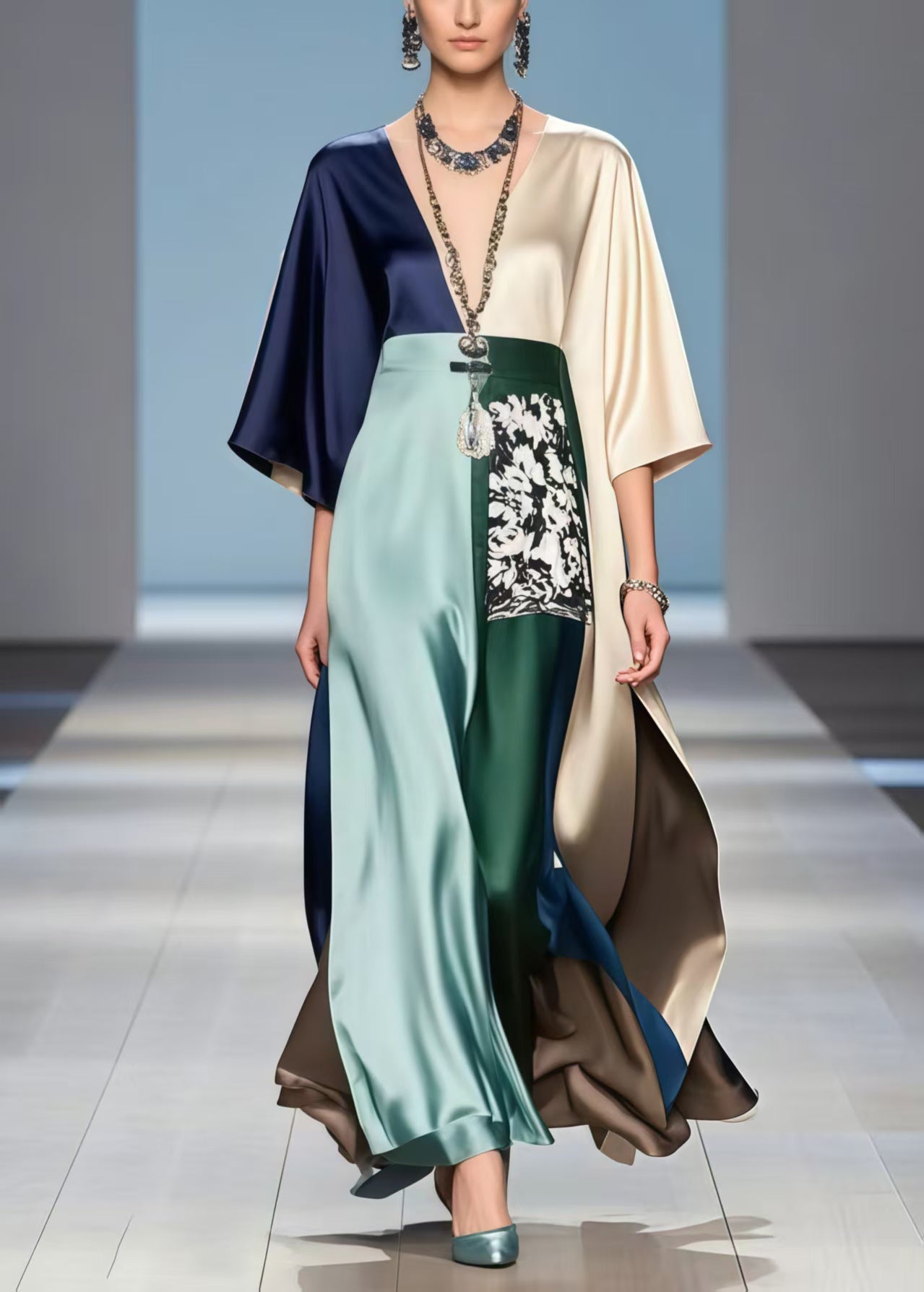 New Retro Polychrome Asymmetrical Design Draping Dress Summer